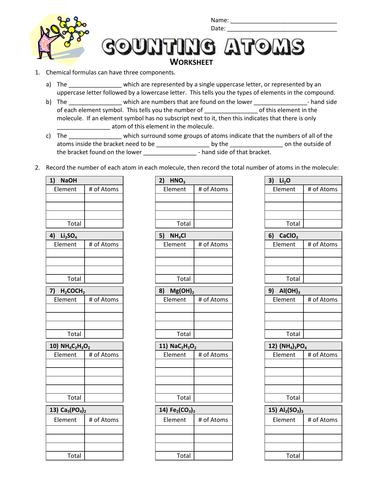 Counting Atoms Worksheet