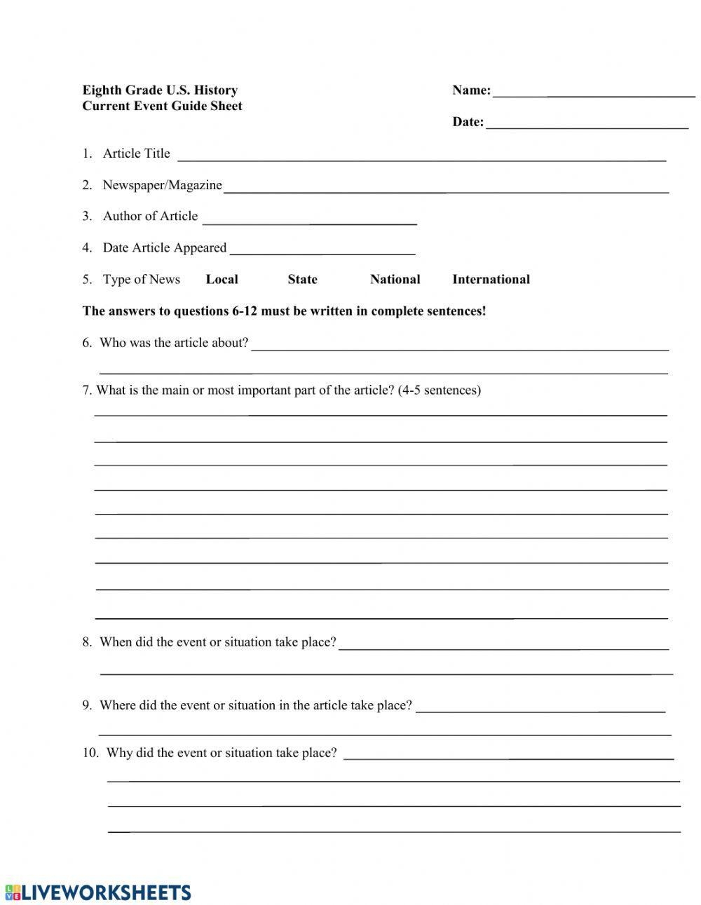 Current Events Worksheet Article Template Grades 3 5 Worksheets 