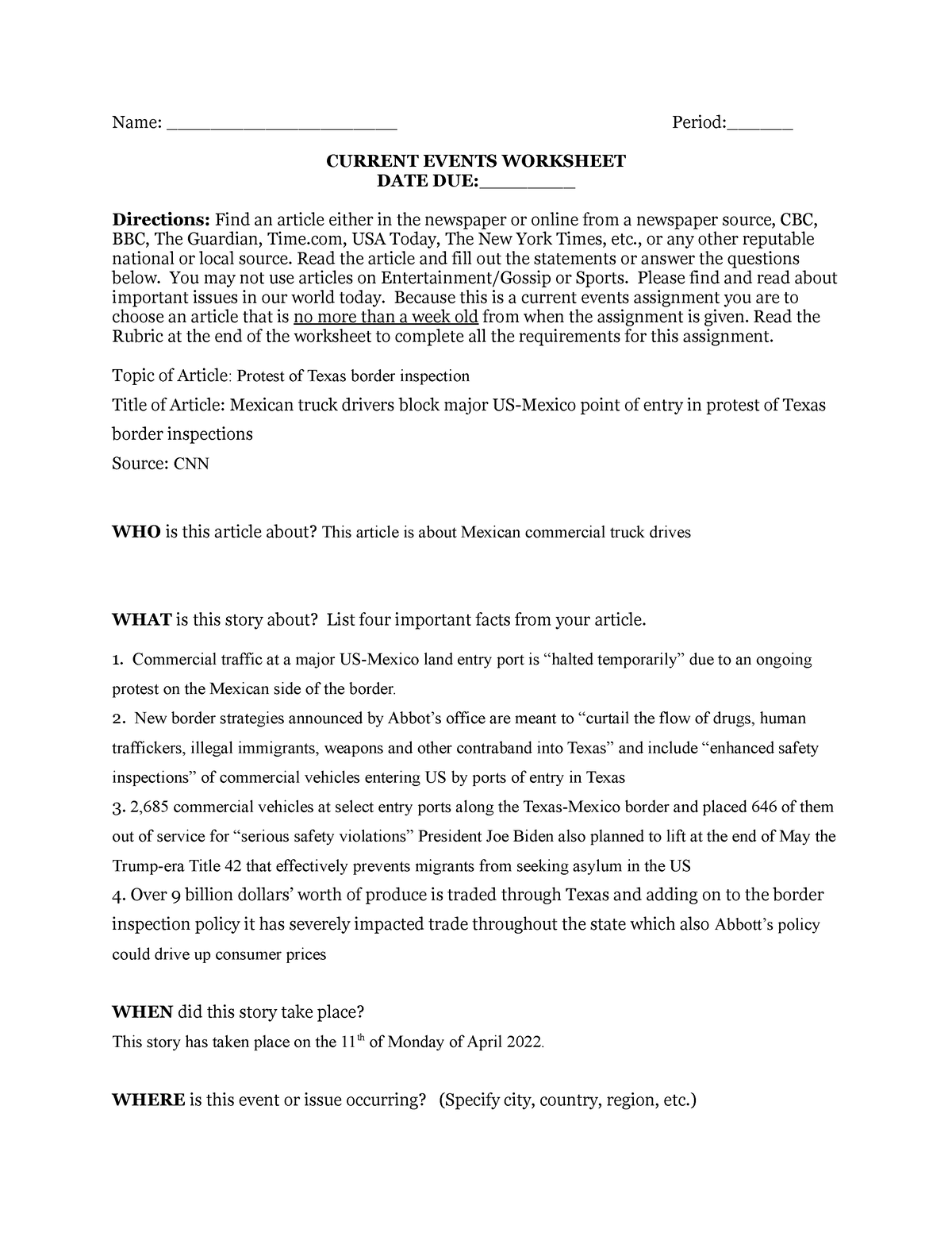 Current Events Worksheet Name Period CURRENT EVENTS 