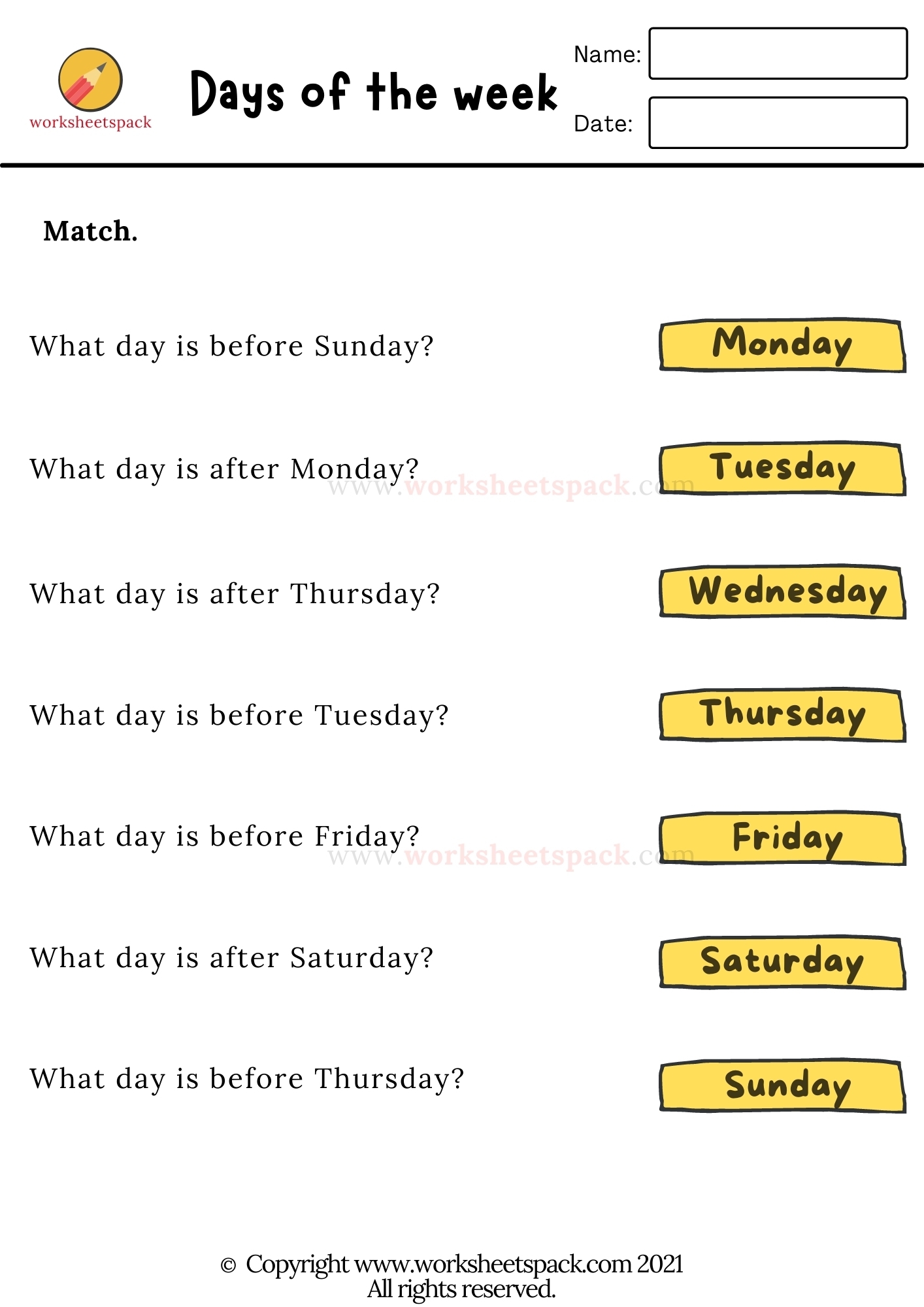 days of the week worksheet