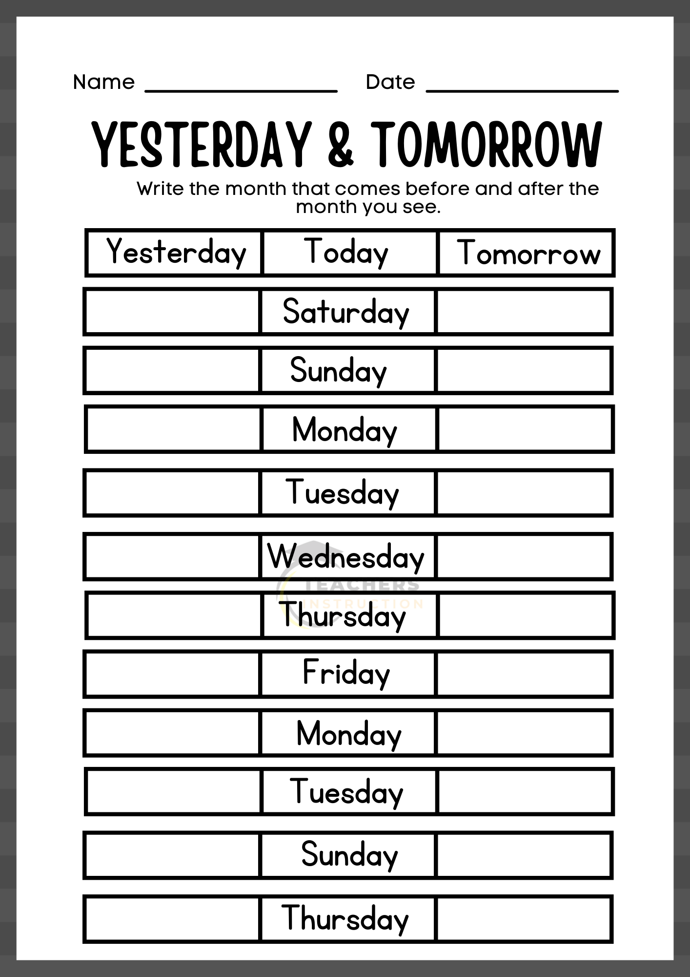 days of the week worksheets
