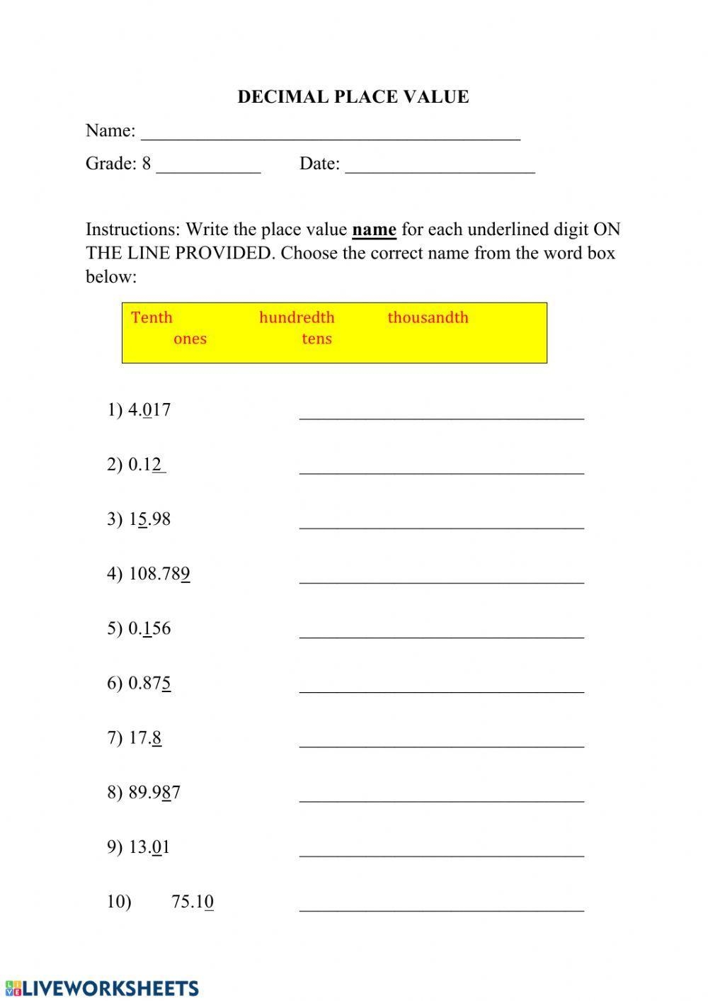 Decimal Place Value Worksheets Decimal Place Value Worksheets