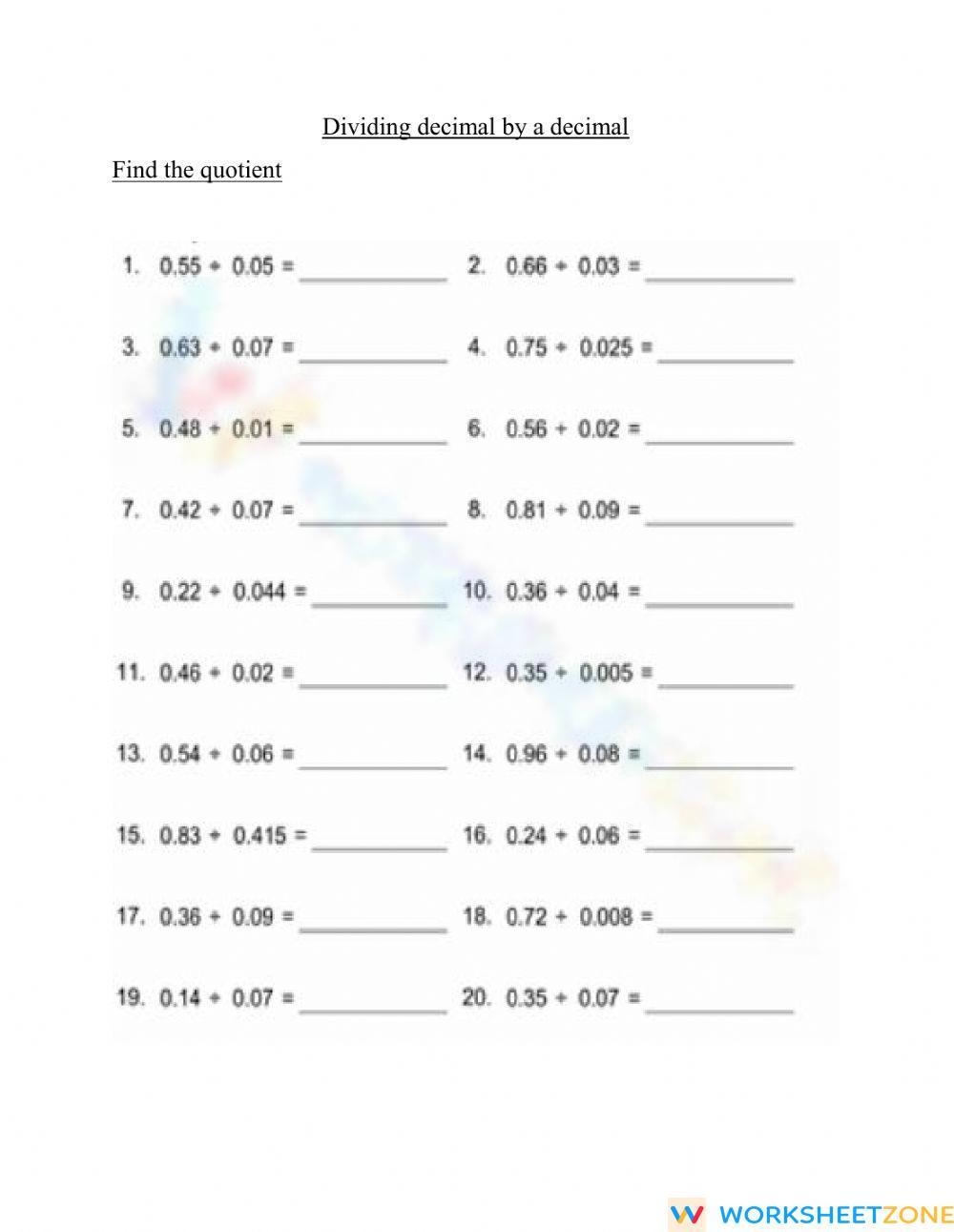 Dividing Decimals By Decimals Worksheet