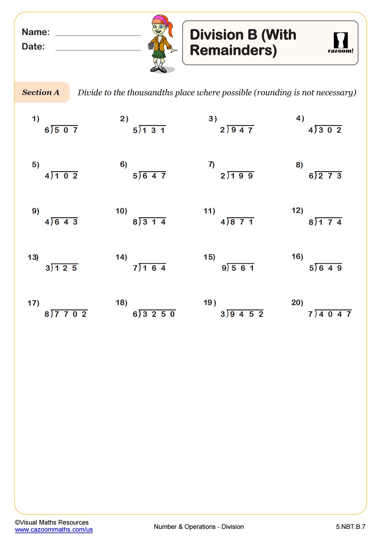 Division B With Remainders 5th Grade PDF Number And Operations 