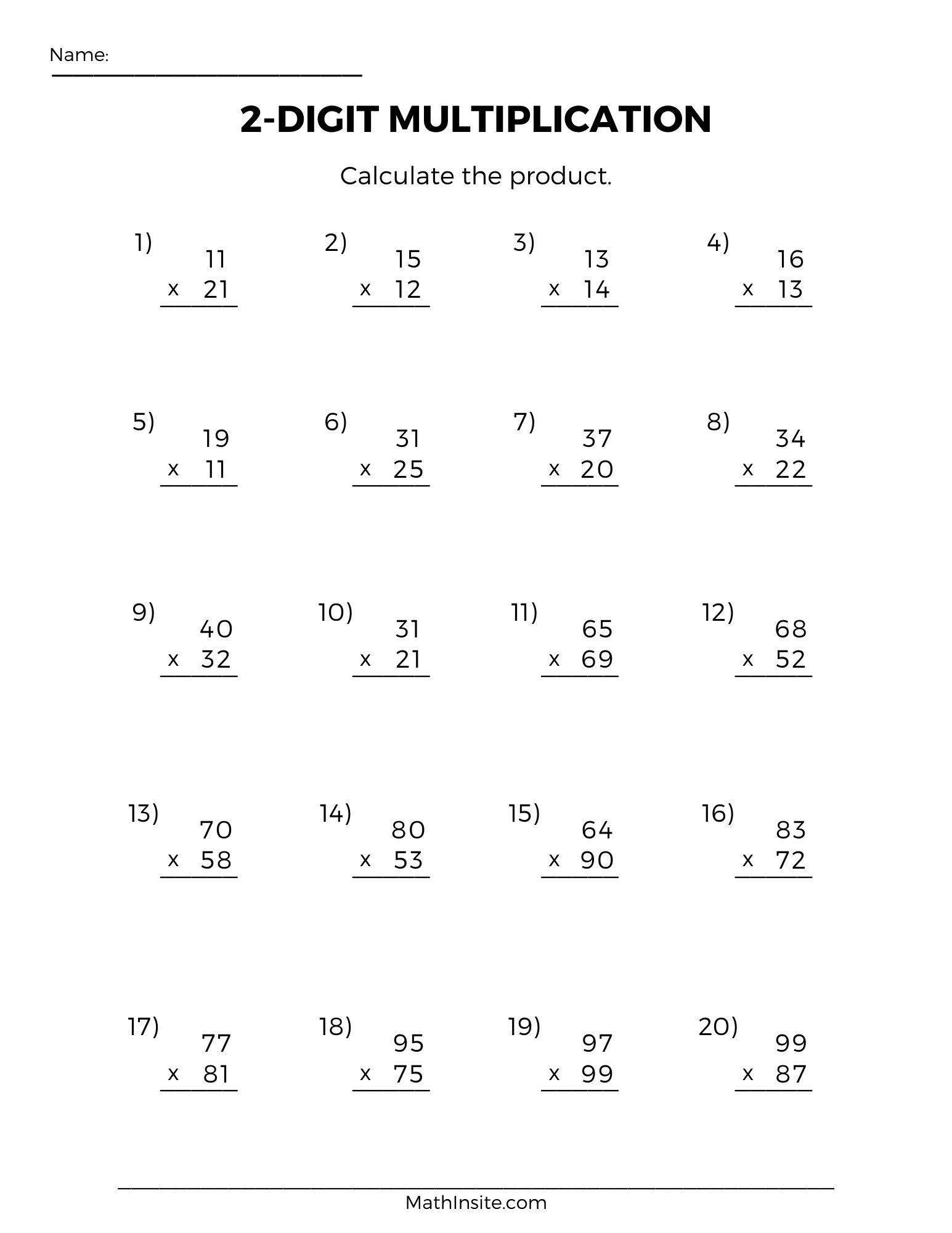 Double Digit Multiplication Worksheet
