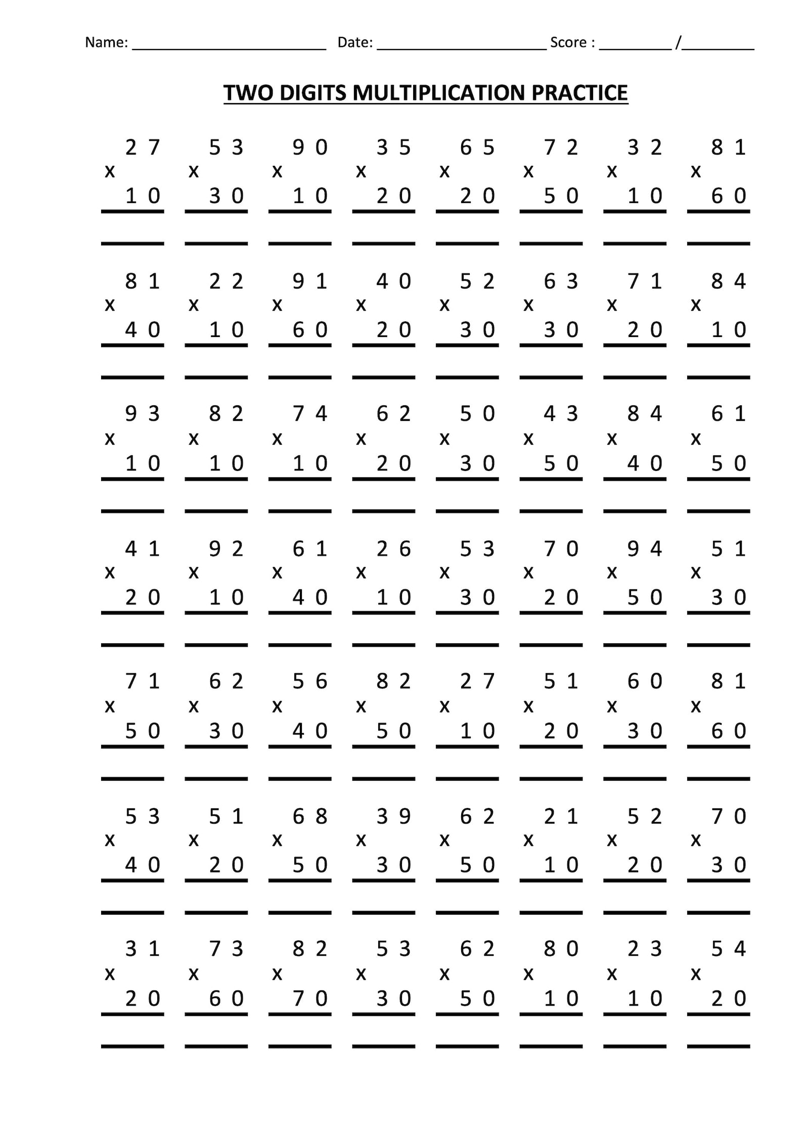 Double Digits Maths Multiplication Work Sheets Home Schooling Etsy