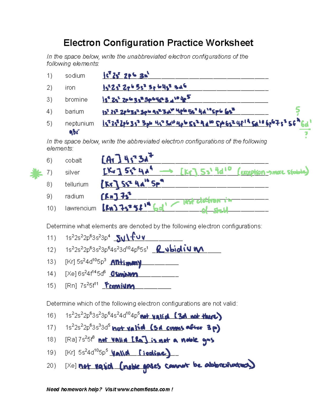 Electron Configuration Worksheet Electron Configuration Worksheets