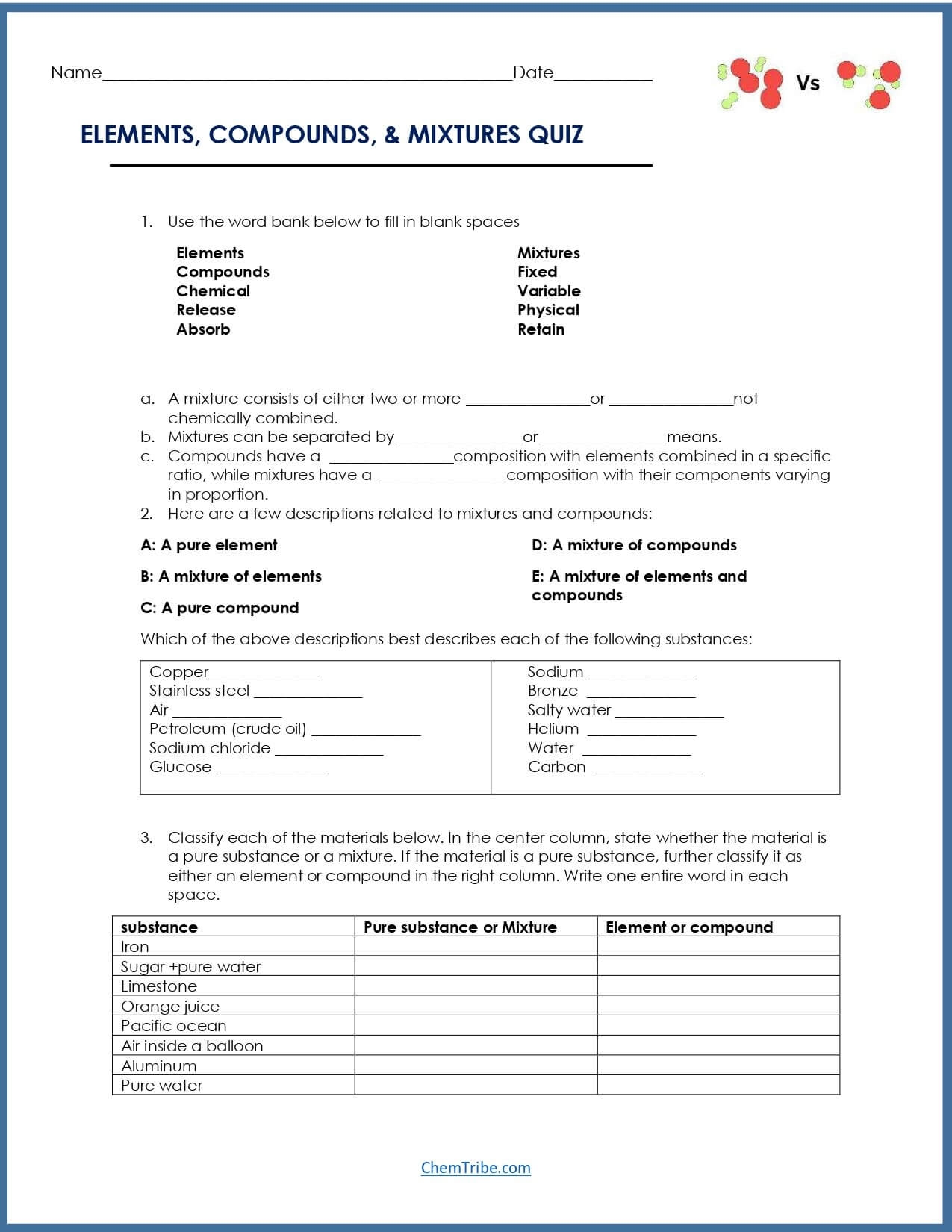 Elements Compounds Mixtures Worksheet ChemTribe