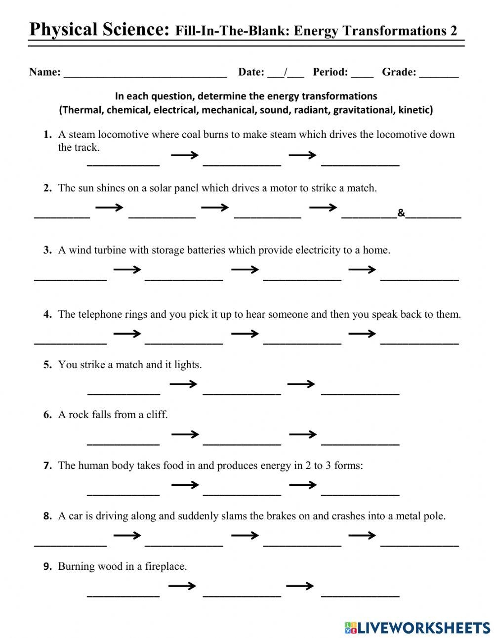 Energy Transformations Exercise Worksheets Library Energy Transformations Exercise Worksheets Library