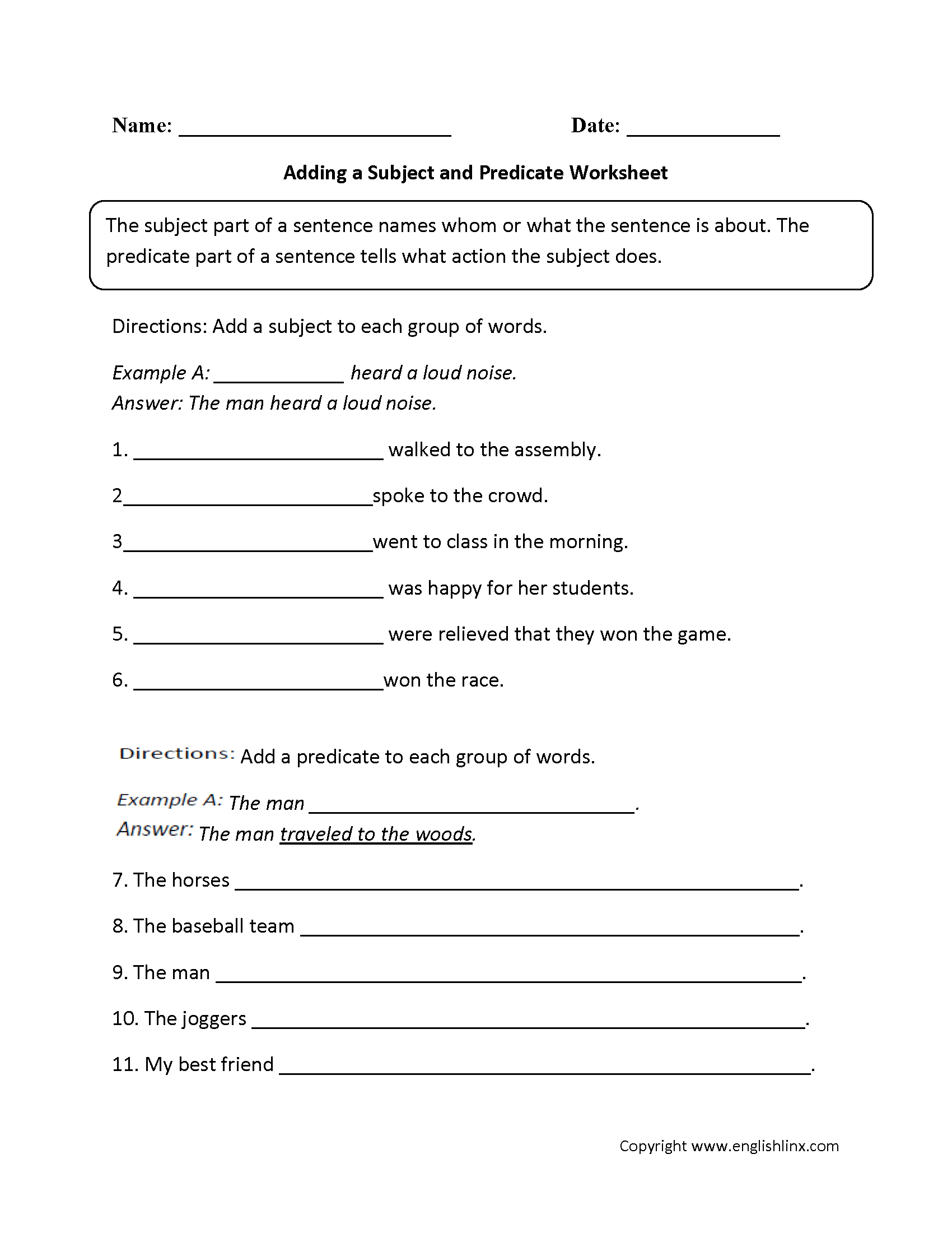 subject and predicate worksheet