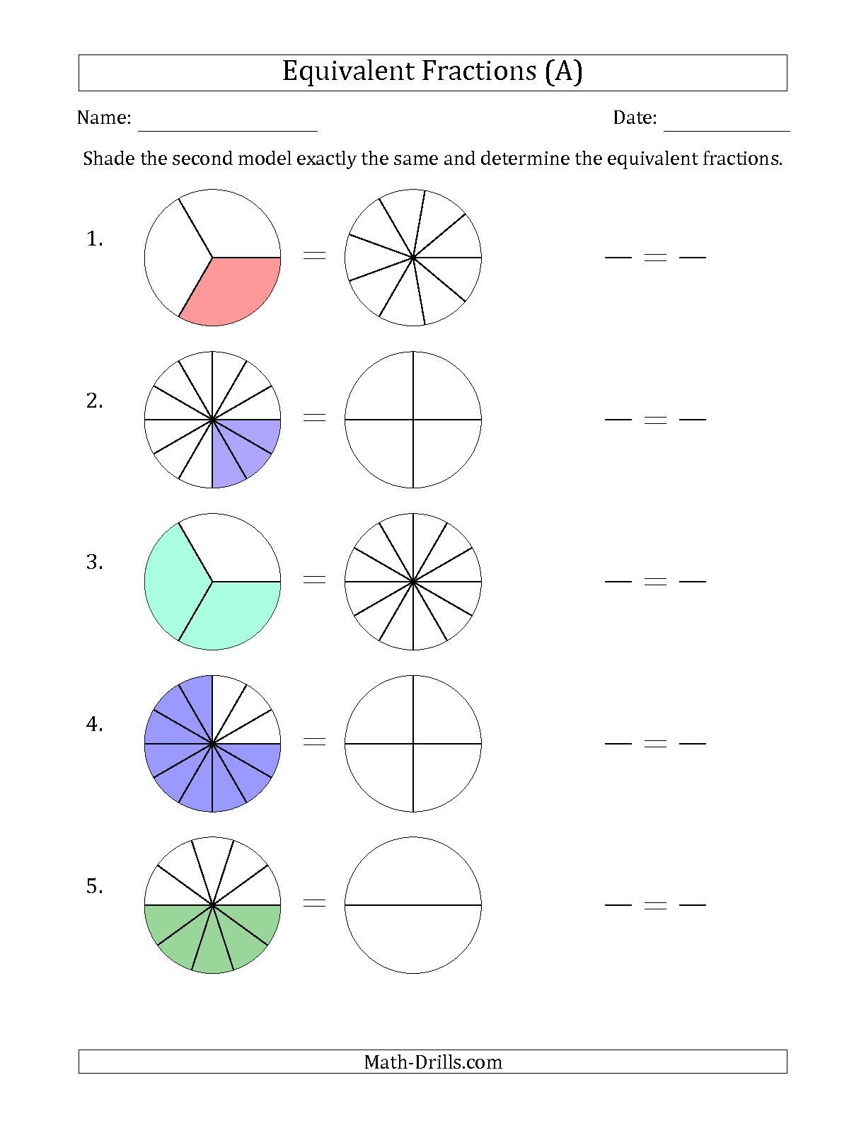 Equivalent Fractions Using Models Worksheets