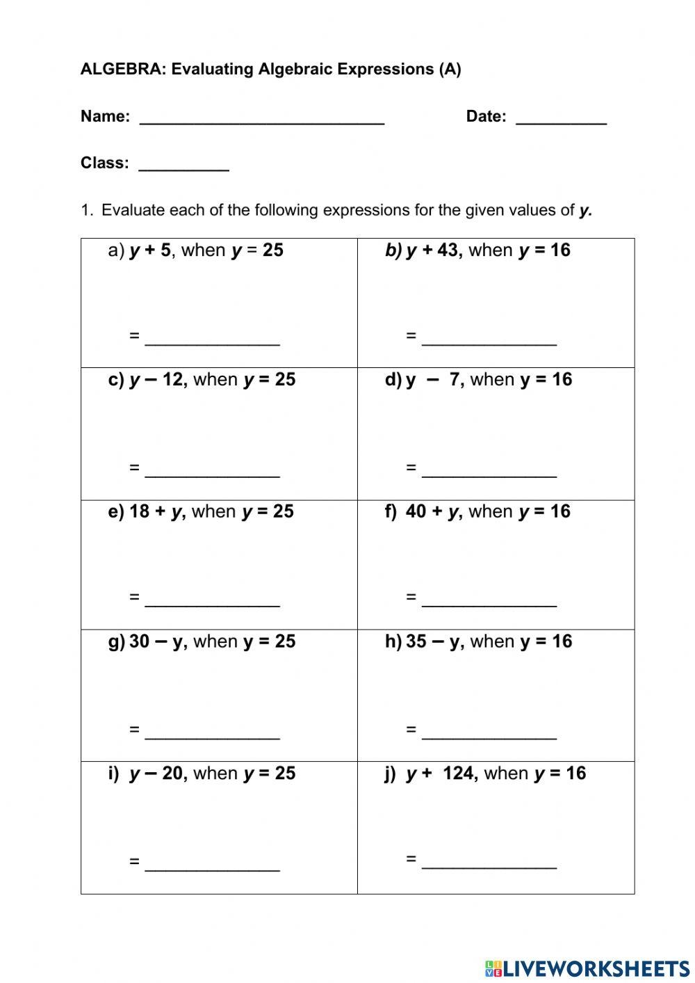 evaluating expressions worksheet evaluating expressions worksheet