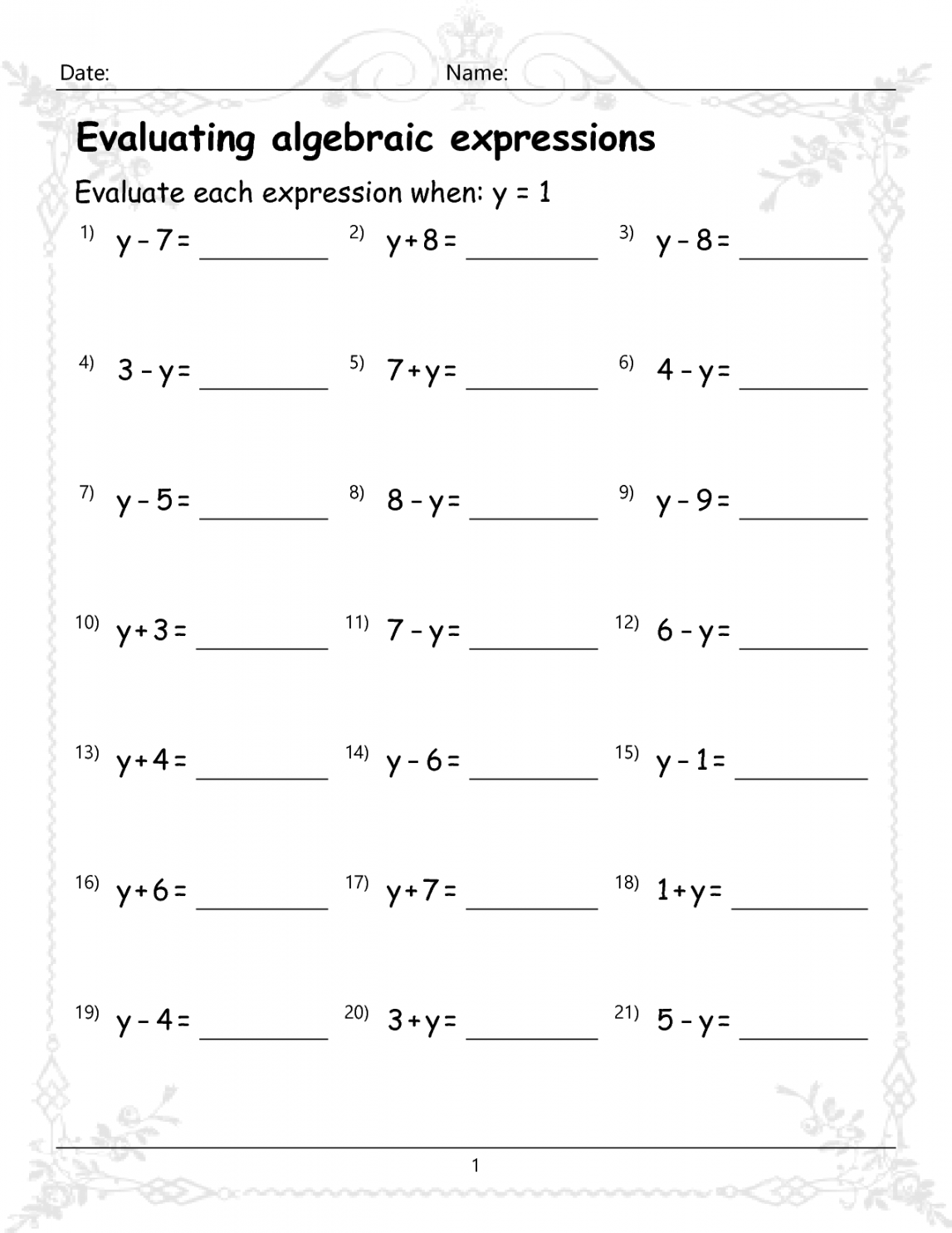 Evaluating Algebraic Expressions Worksheet Printable PDF Template Evaluating Algebraic Expressions Worksheet Printable PDF Template