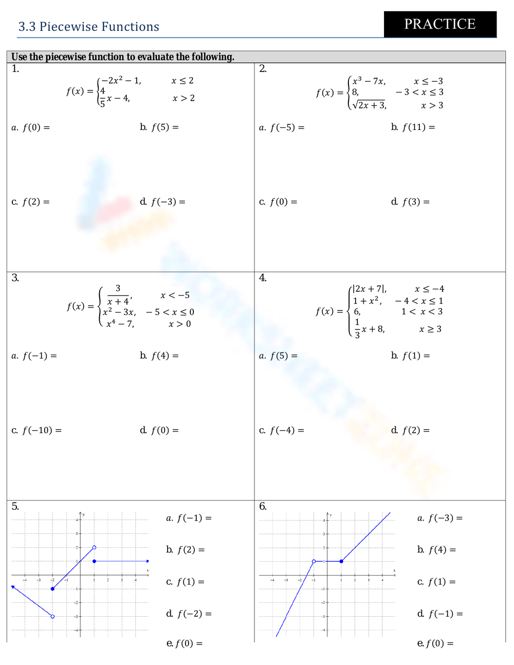 Evaluating Piecewise Functions Worksheets Evaluating Piecewise Functions Worksheets