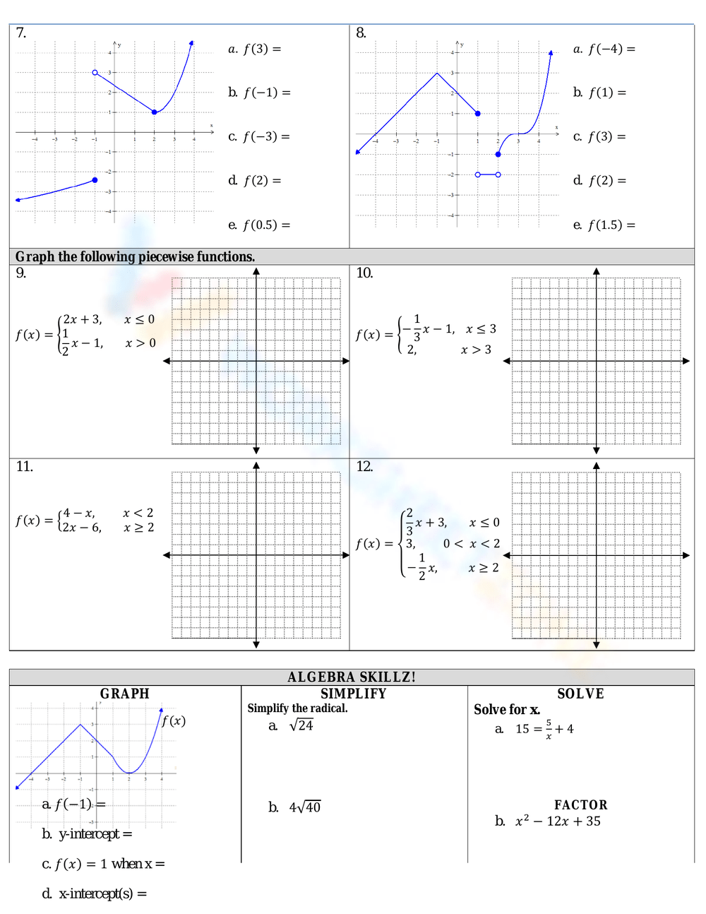 Evaluating Piecewise Functions Worksheets Evaluating Piecewise Functions Worksheets