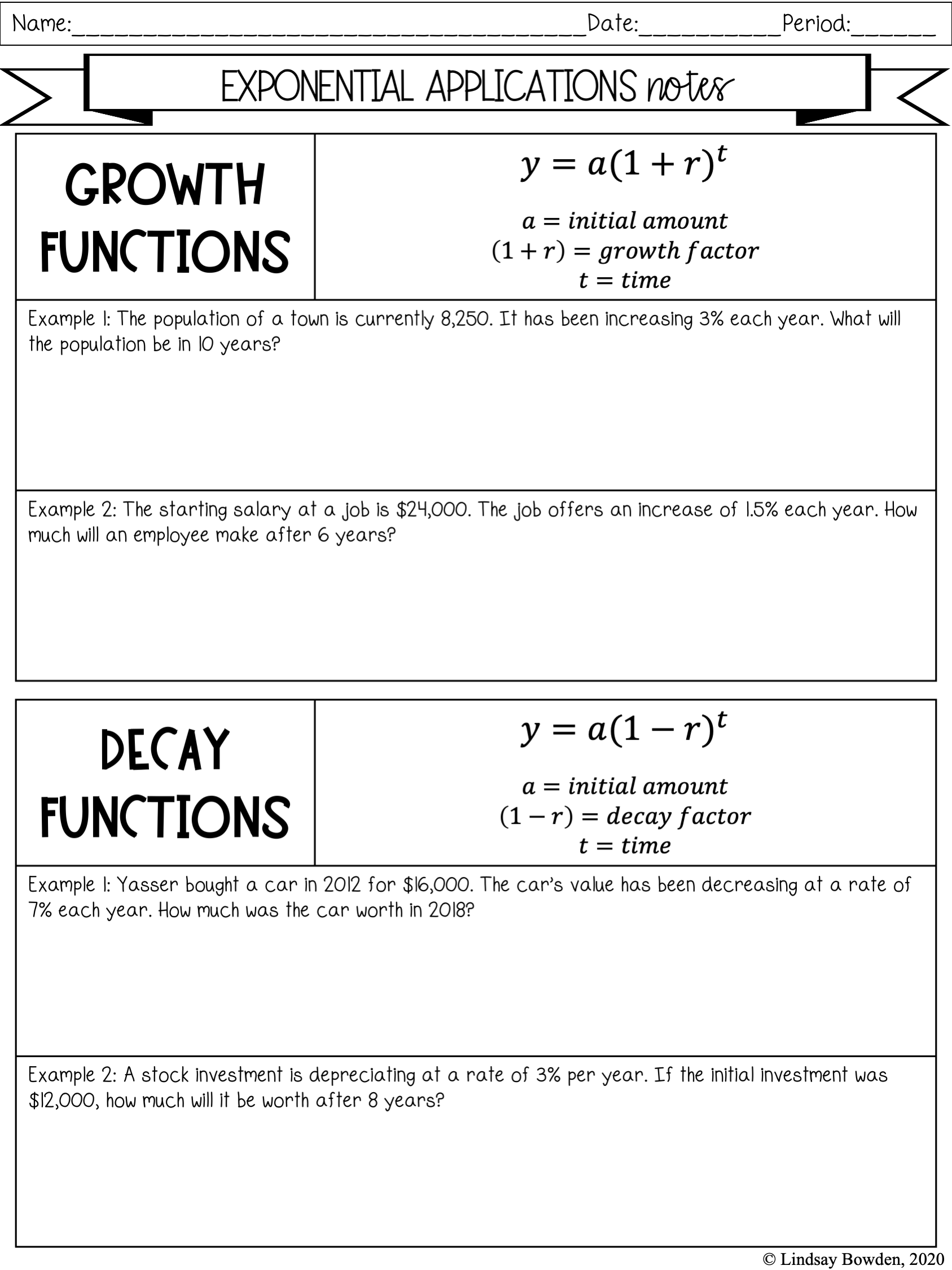 Exponential Growth And Decay Worksheet For 8th 10th Grade 