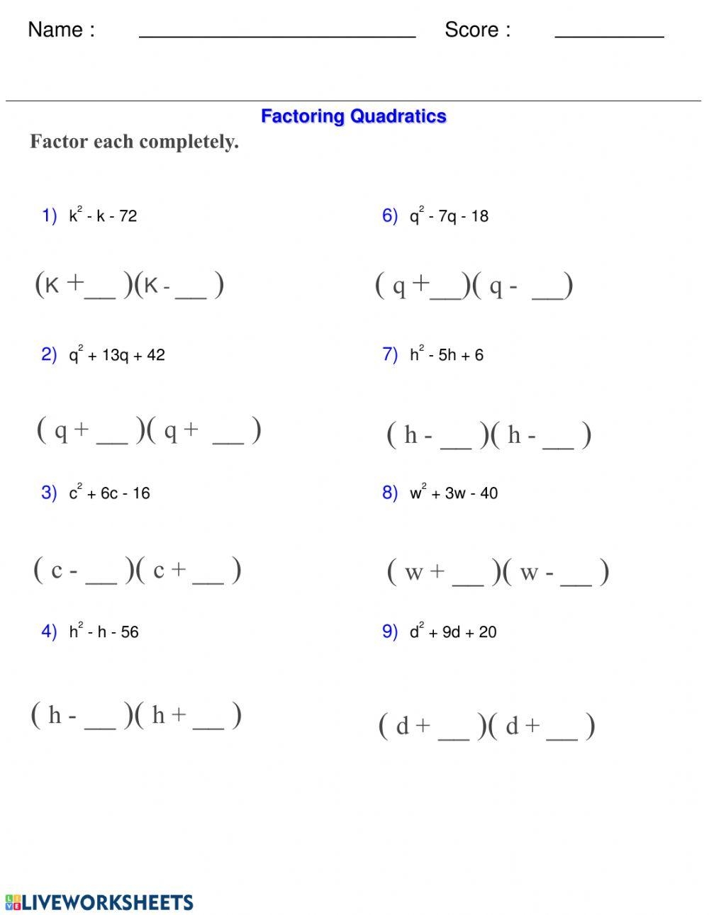 solving quadratics by factoring worksheet
