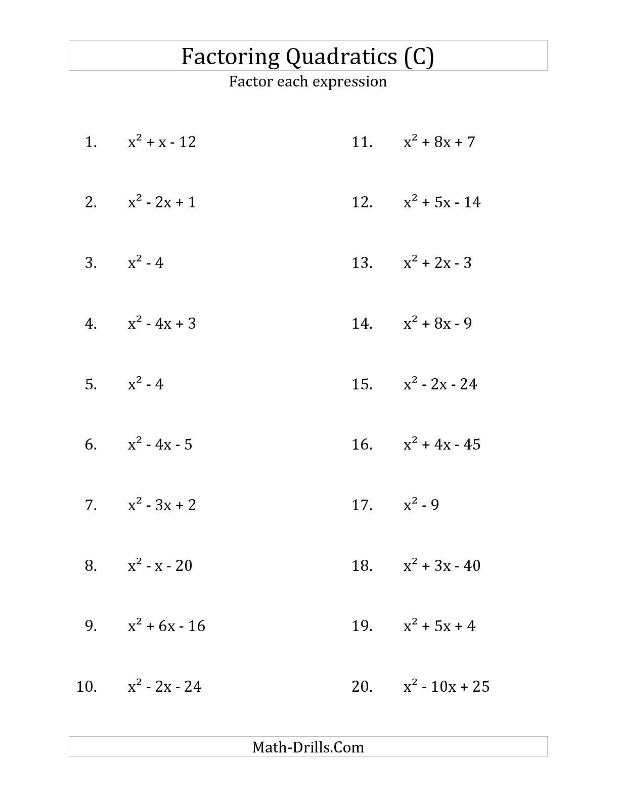 Factoring A Quadratic Worksheet FactorWorksheets