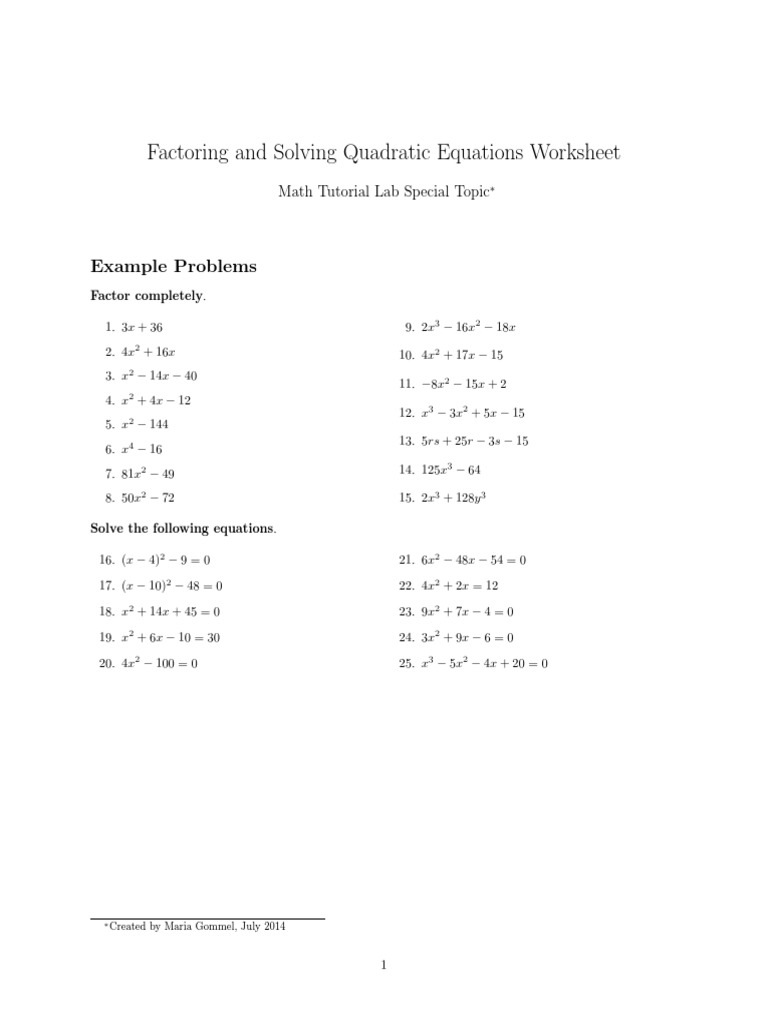 Factoring And Solving Quadratic Equations Worksheet Example