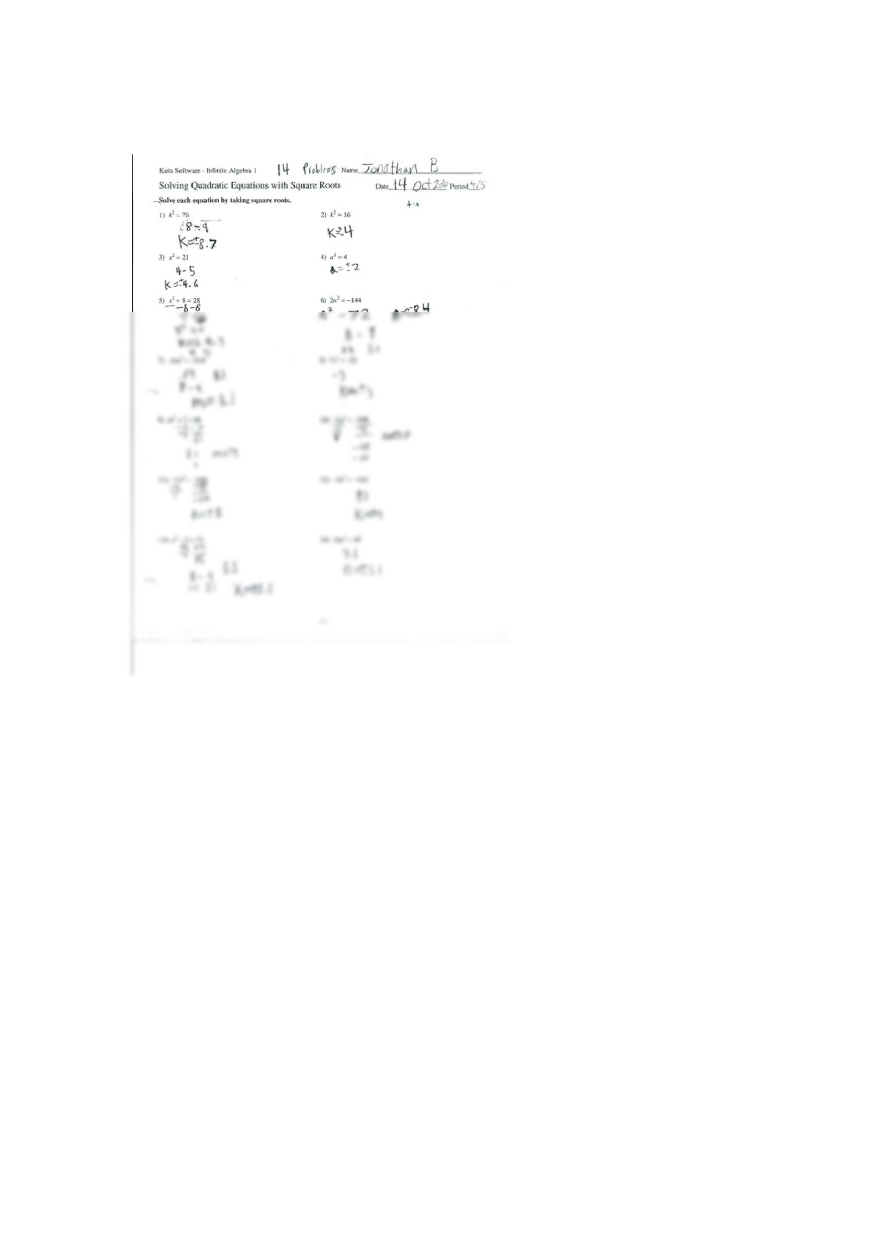 solving quadratic equations worksheet