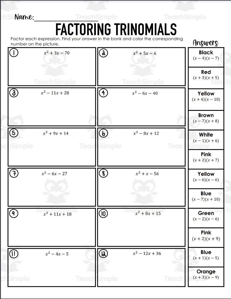 Factoring Trinomials Color By Numbers Worksheet Worksheets Library
