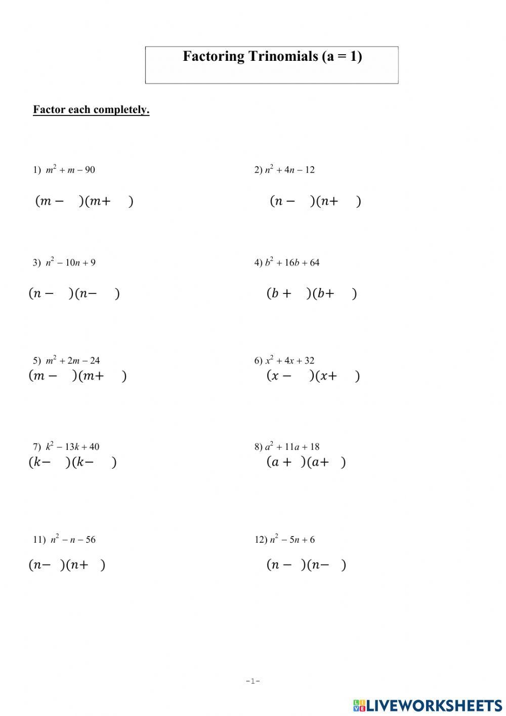 Factoring Trinomials When A 1 Worksheet By Mr Greenlaw Math 