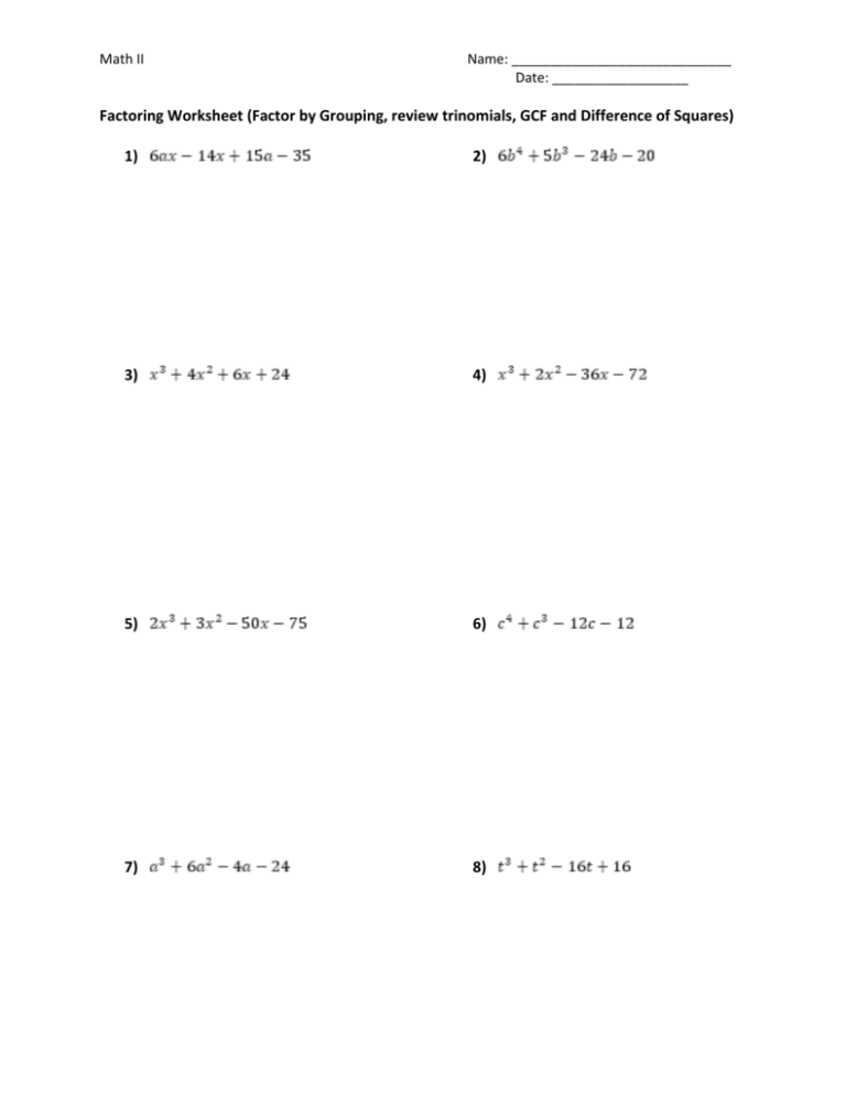 Factorisation By Grouping Worksheet Writing Practice Worksheet