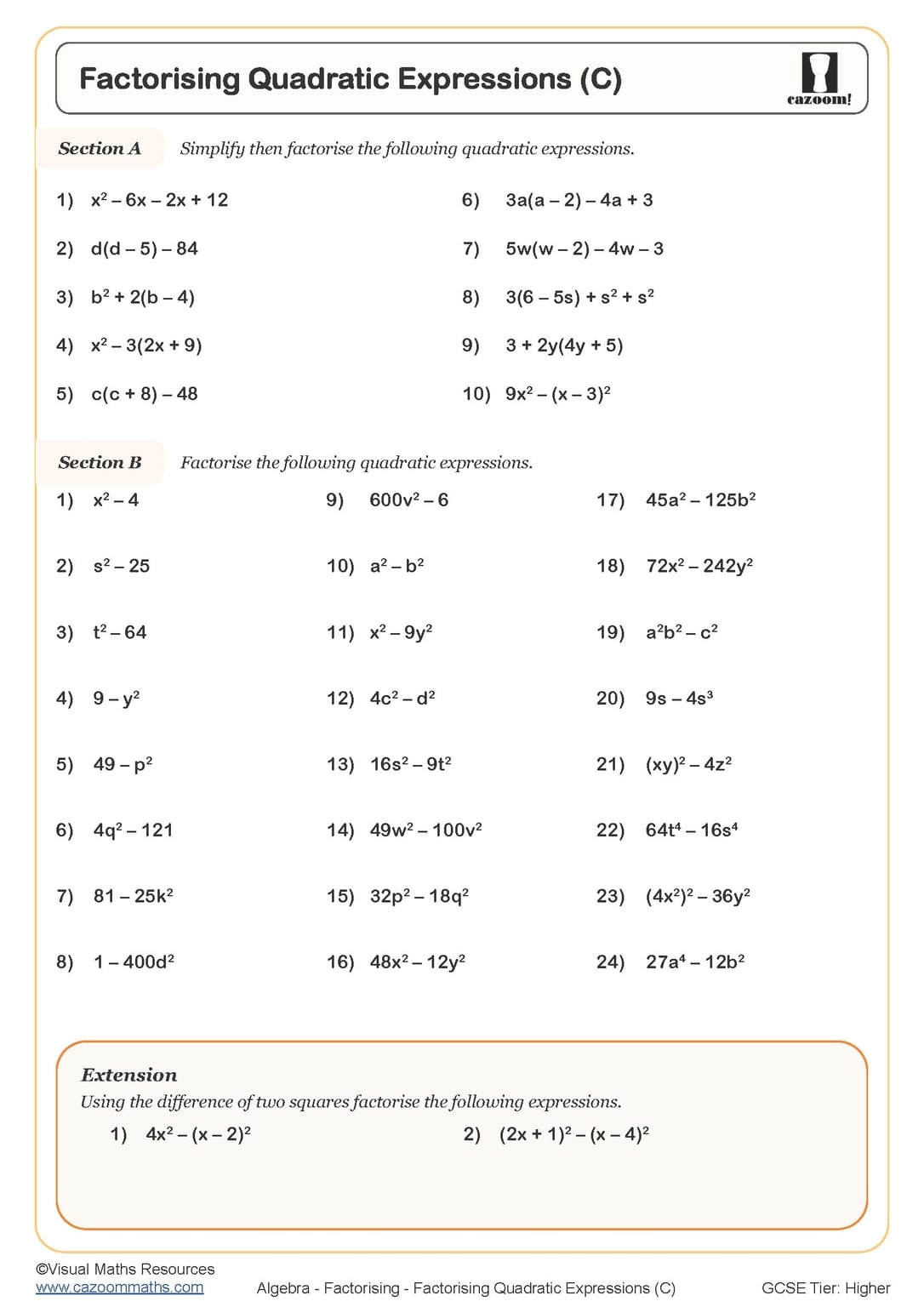 factoring quadratics worksheet