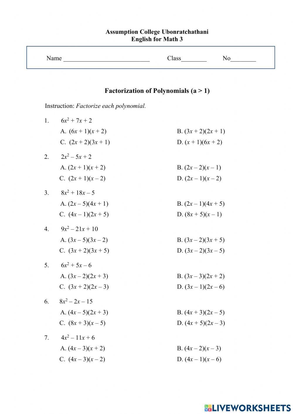 Factorization Of Polynomials a 1 Worksheet Worksheets Library