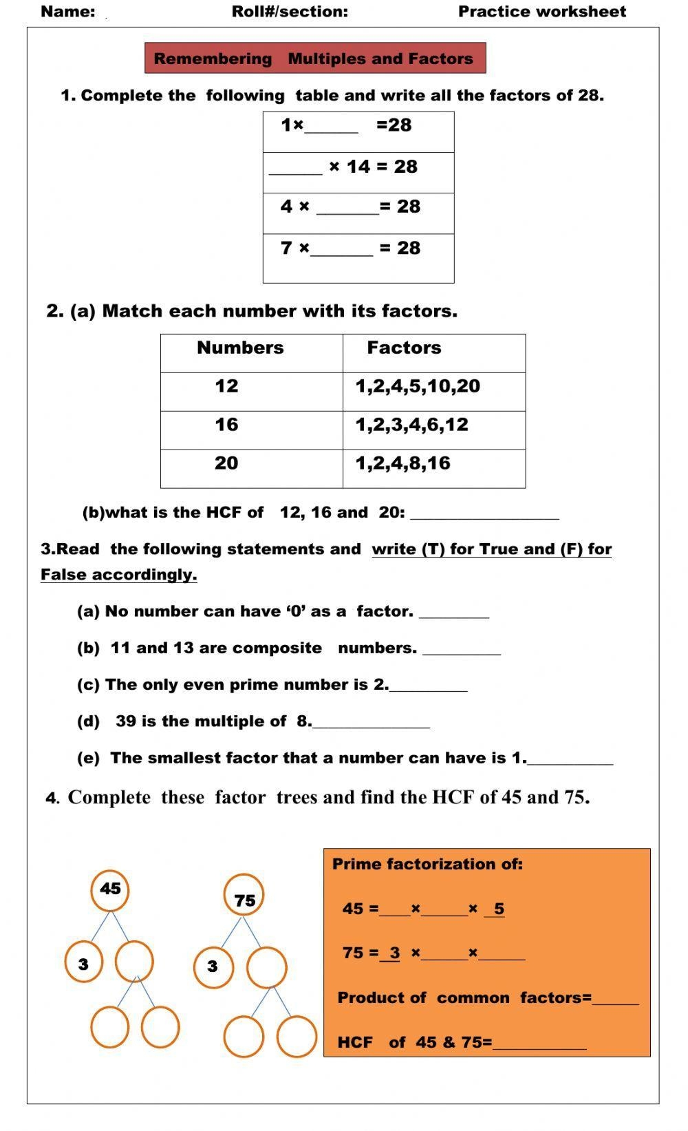 Factors And Multiples Interactive Exercise Worksheets Library