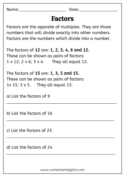 Factors And Multiples Worksheet Digital Worksheets Library