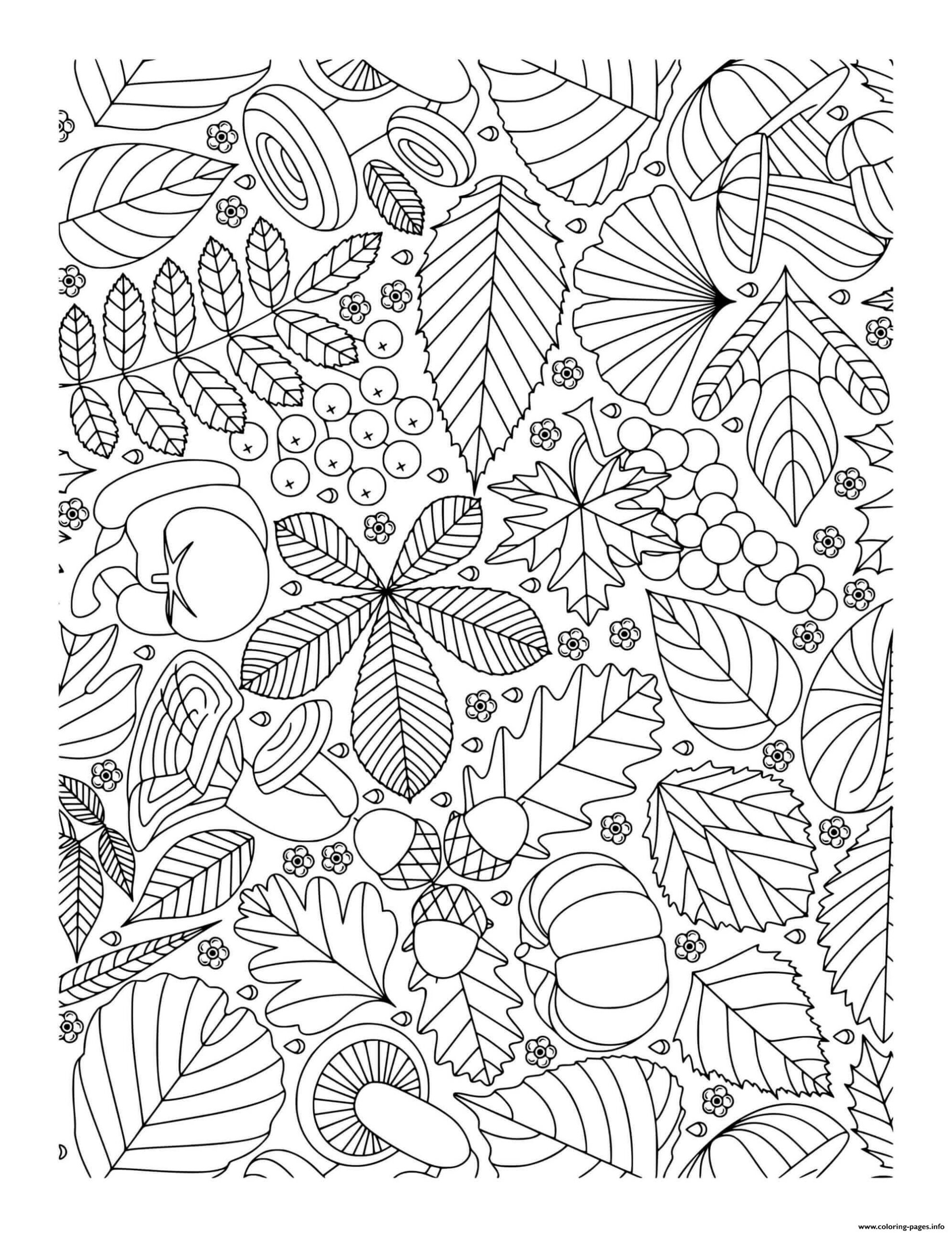 Fall Autumn Doodle For Adults Leaves Mushrooms Grapes Pumpkin Coloring 