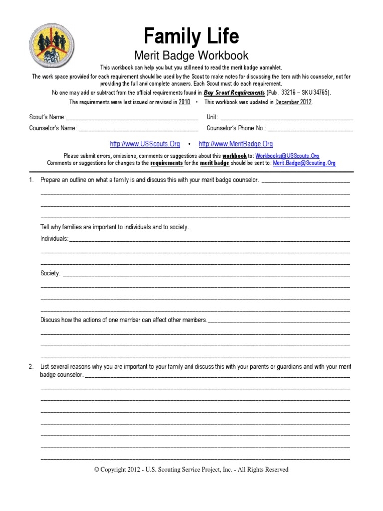 Family Life Merit Badge Workbook PDF Boy Scouts Of America 