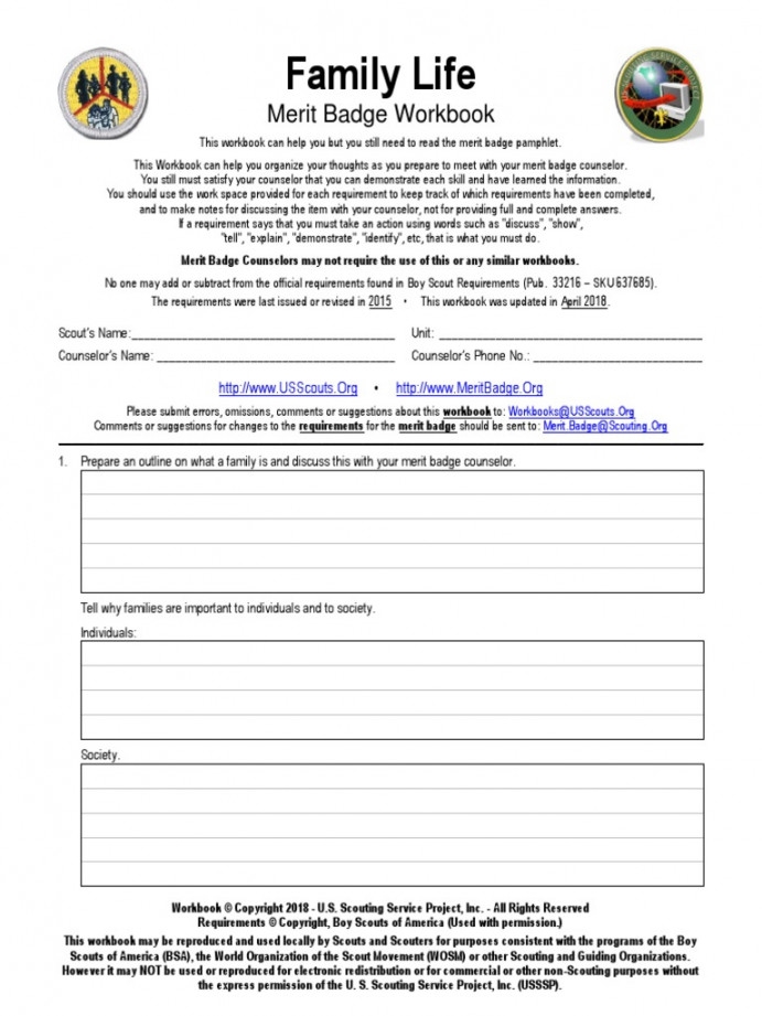 Family Life Merit Badge Worksheet Printable PDF Template