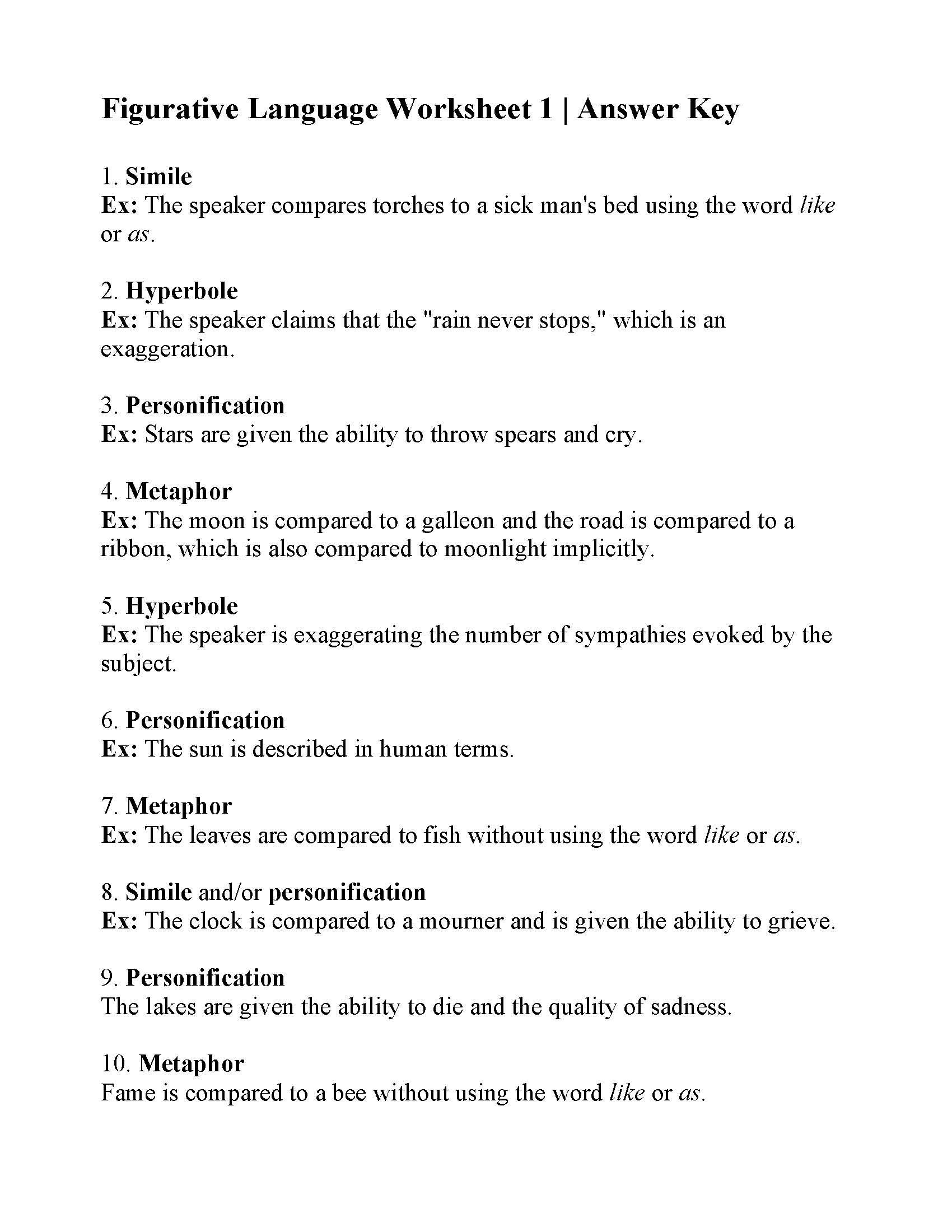 Figurative Language Worksheet 1 Reading Activity Figurative Language Worksheet 1 Reading Activity