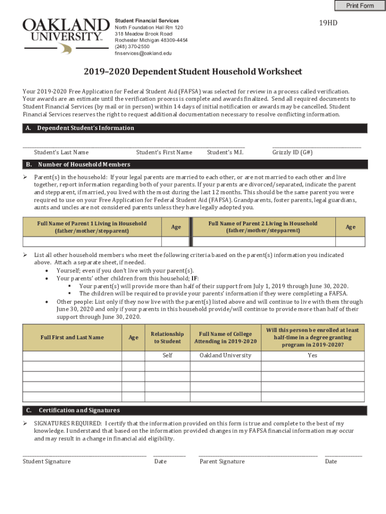 Fillable Online 20192020 Dependent Student Household Worksheet 