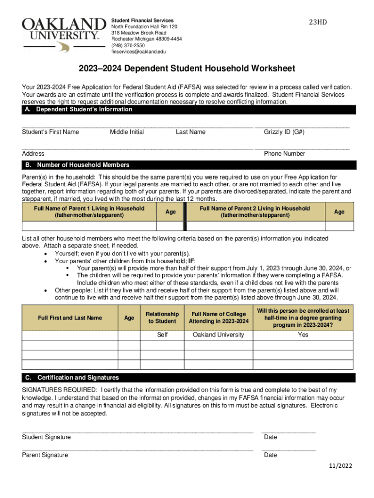 Fillable Online 20232024 Dependent Student Household Worksheet 