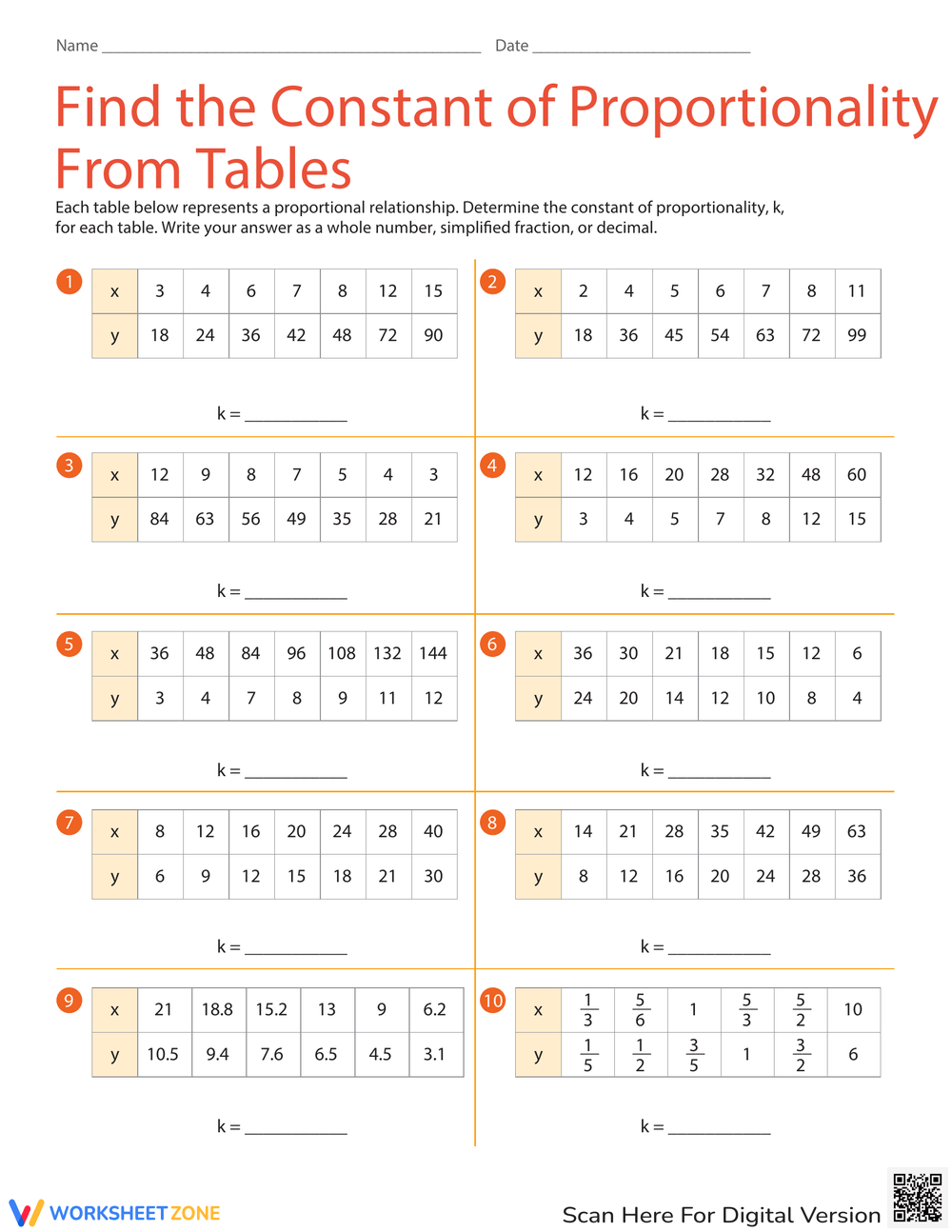 Find The Constant Of Proportionality From Tables Worksheet Find The Constant Of Proportionality From Tables Worksheet