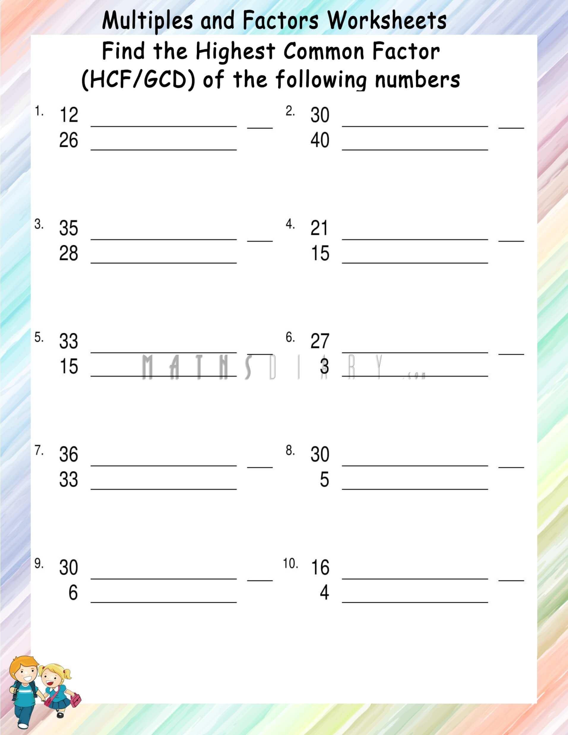 Finding Greatest Common Factors GCF HCF Worksheets Math 
