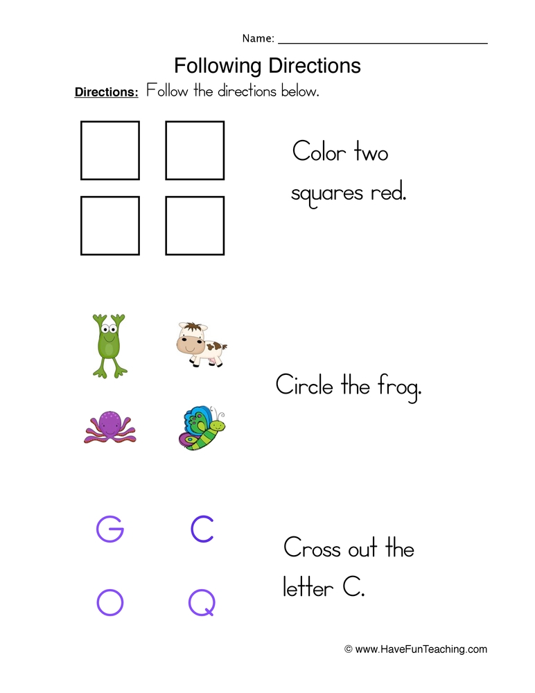 following directions worksheet