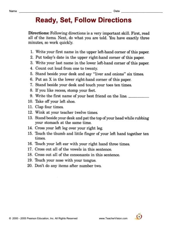 Following Directions Worksheet For Elementary Students TeacherVision 