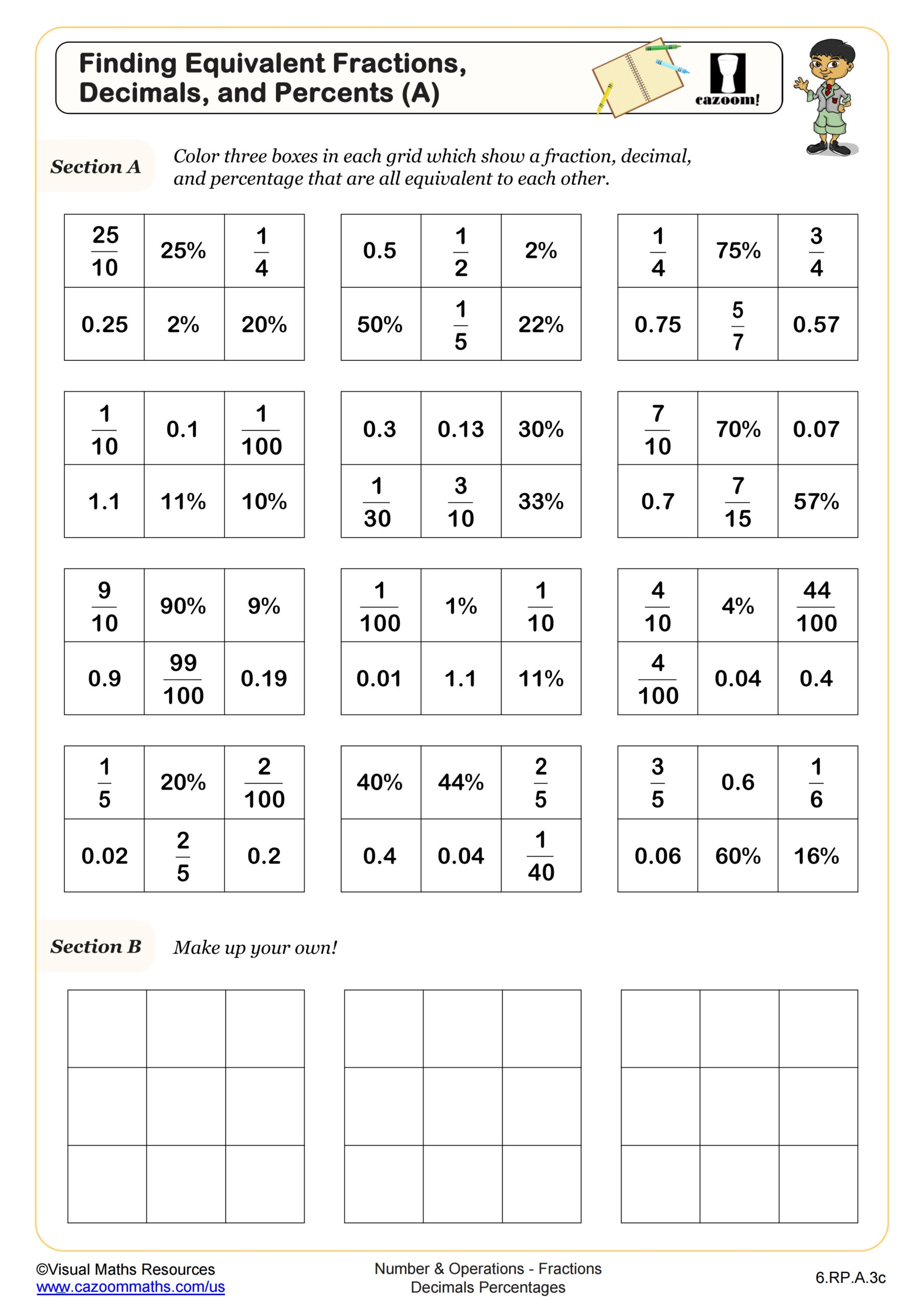 Fractions Decimals And Percents 1 Worksheet For 4th 6th Grade 