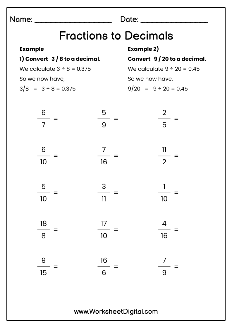 fractions into decimals worksheet