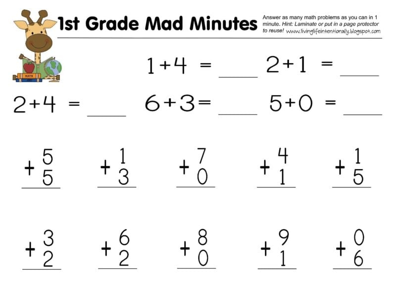 FREE 1st Grade Printable Math Worksheets First Grade Mad Minutes 