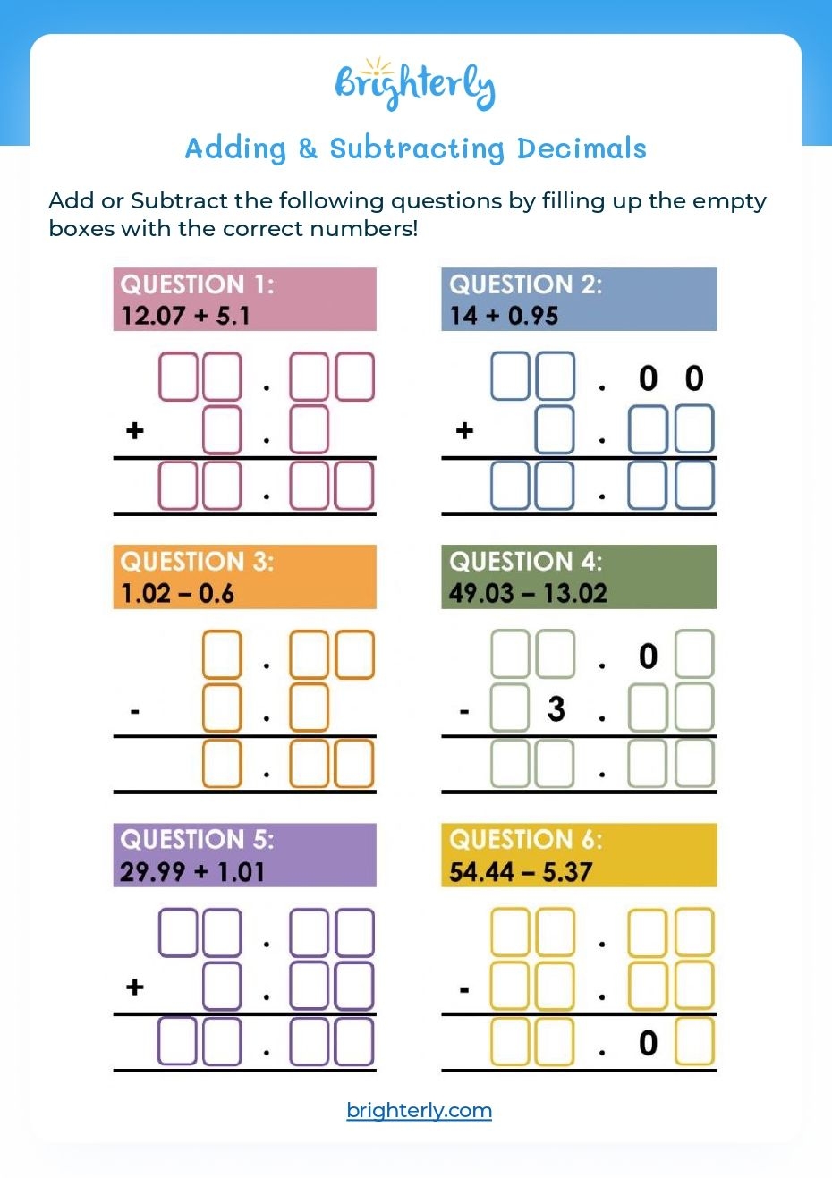 Free Adding And Subtracting Decimals Worksheets PDFs Brighterly