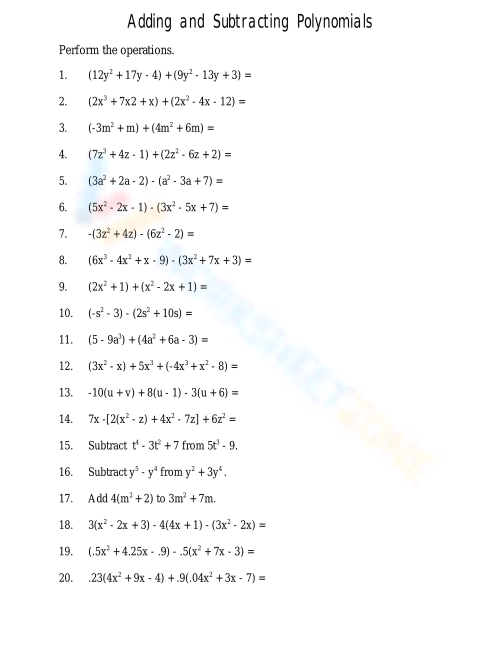 Free Adding And Subtracting Polynomials Worksheets Worksheets Library