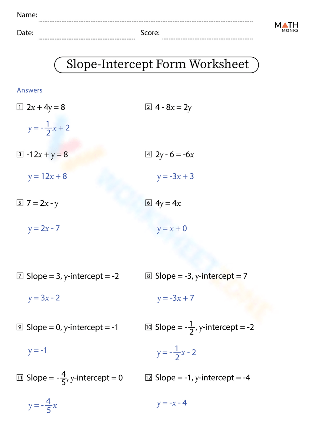 Free Answer Key Slope Intercept Form Worksheet Collection