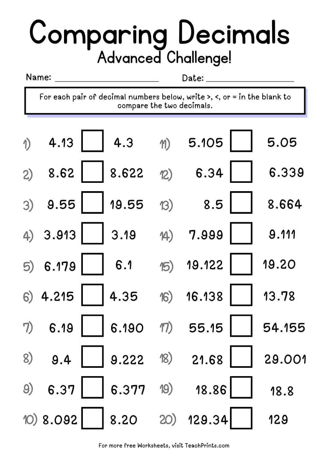 Free Comparing Decimals Worksheets Teach Prints Free Comparing Decimals Worksheets Teach Prints