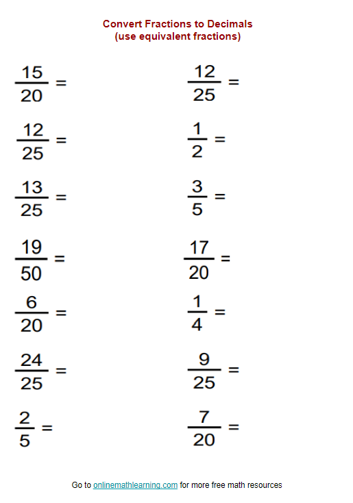 convert fractions to decimals worksheet convert fractions to decimals worksheet