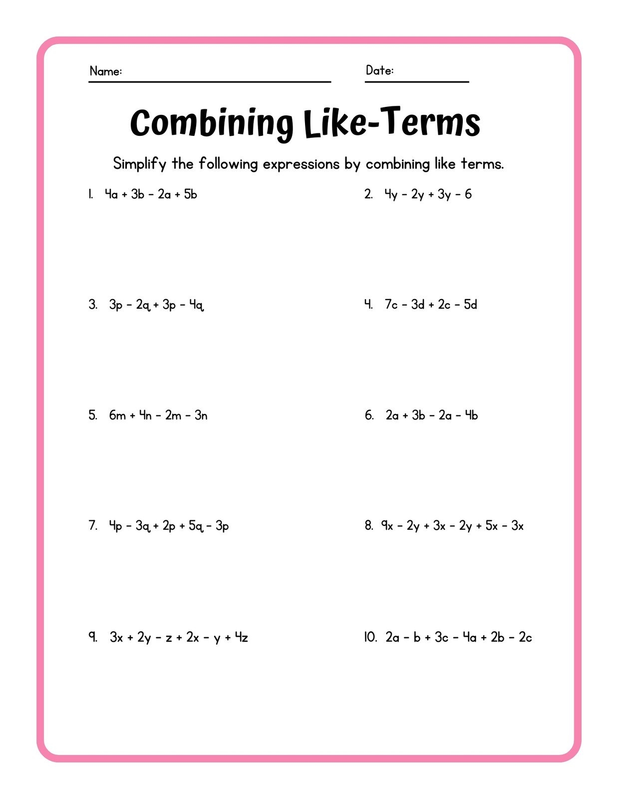 combining like terms worksheet pdf